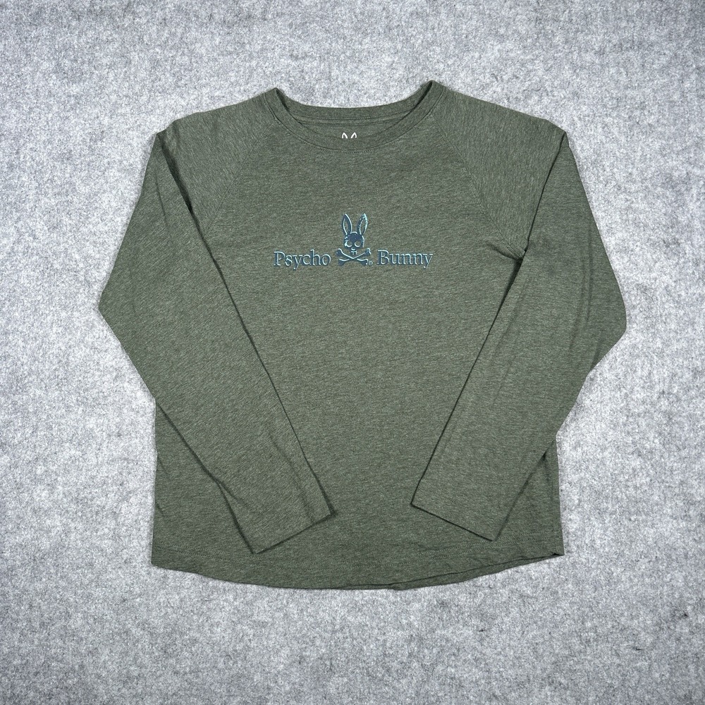 Psycho Bunny T Shirt Youth Size Medium 10/12 Grey Green Long sleeve‎ Spell out